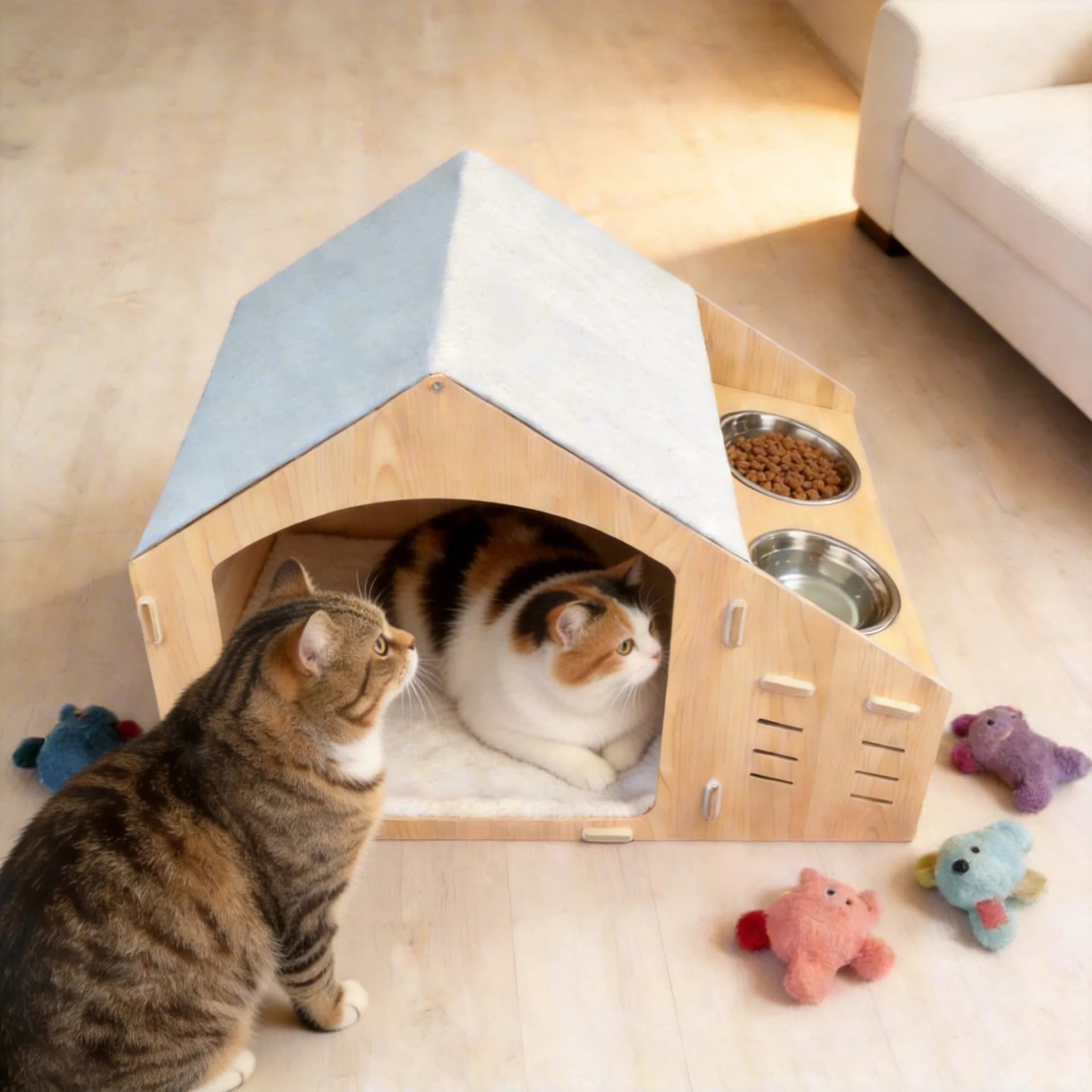 Cuccia per Gatti in Legno con Ciotola Integrata, Letto per Gatti da Interno per Tutte le Stagioni e Albero, Condo Multifunzionale per Animali Domestici con Tiragraffi