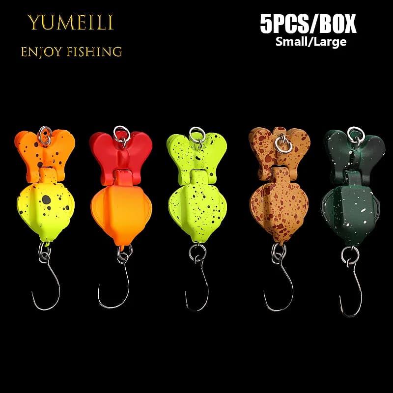 Set da 5 pezzi di mini mosche da pesca a spinning con design a due sezioni, pieghevoli a 90 gradi, dotate di due sfere pesanti integrate