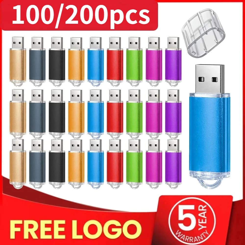 100/200PCS Custom USB Creative Business 2.0 Flash Drive Colorful Metal 64GB 32GB Pen Drive 16G 8G 4GB 128M Pendrive Memory Stick