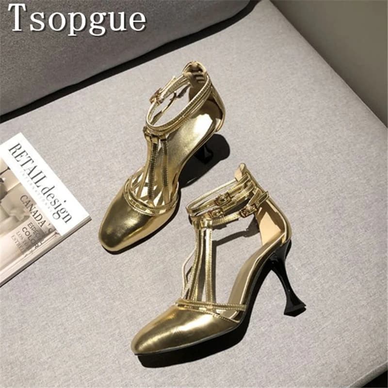 Women's Design Golden Tie Sandals, Ankle Strap, Ankle Strap, High Heels, Luxurious Party Dress Pumps