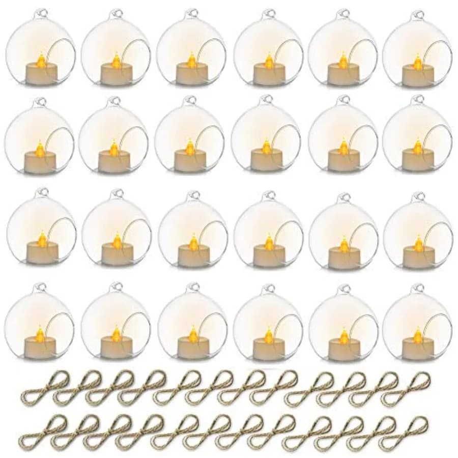 Set di 3 Portacandele in Vetro Sospesi da 8 cm con LED, Terrari per Piante, Sfere di Vetro per Piante Aeree, Portacandele Tealight