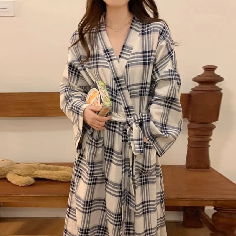 Japanese Nightgown Girl Spring and Autumn New Long-sleeved Simple Casual Bathrobe Long Loose