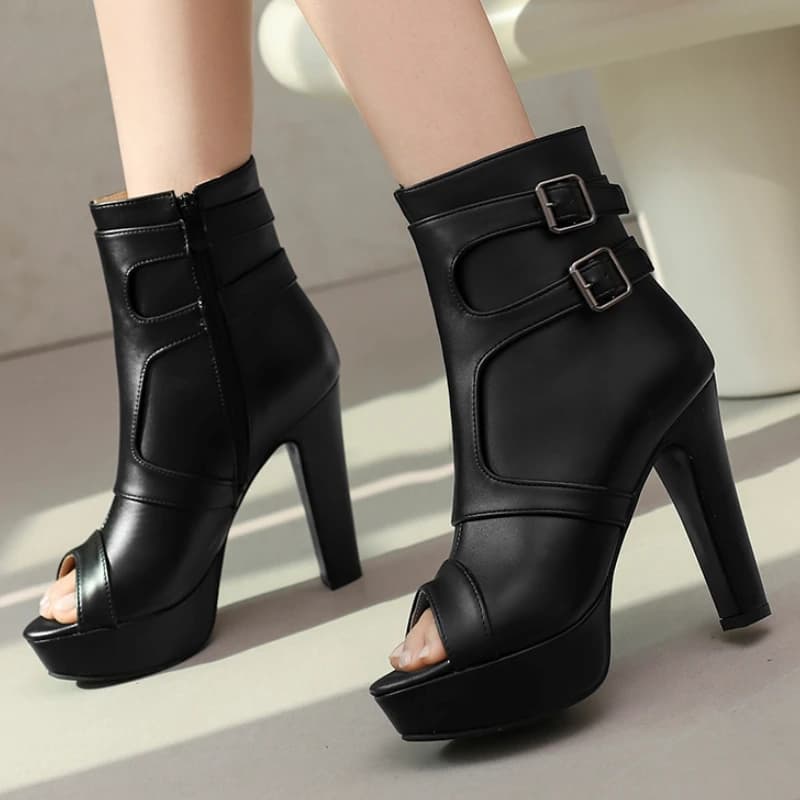 Stivaletti alla Moda da Donna con Tacco Alto, Fibbia, Plateau, Neri e Bianchi, Peep Toe, Scarpe da Festa e Ballo, Taglie Grandi da Donna