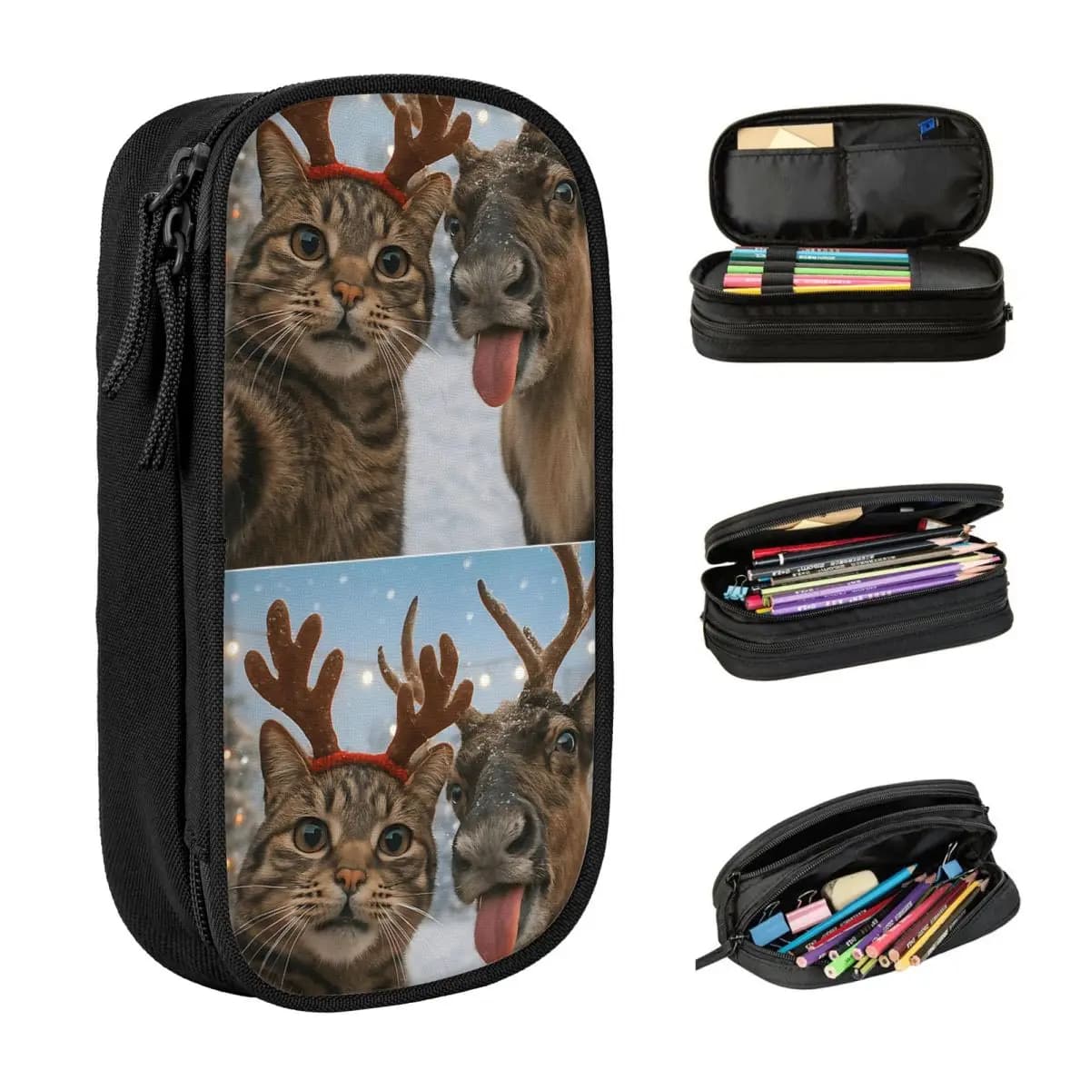 Divertente gatto selfie con renna Vacanze di Natale Meme Astuccio per matite Astuccio in tela Studenti Astucci grandi per il ritorno a scuola