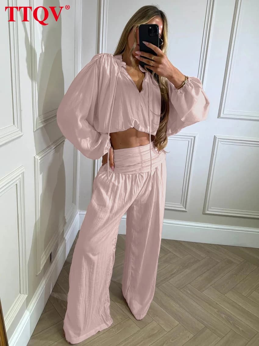 TTQV Fashion Loose Blue 2 Pieces Set For Woman 2026 Elegant Long Sleeve Blouse With High Waist Wide Pants Set Female Clothing