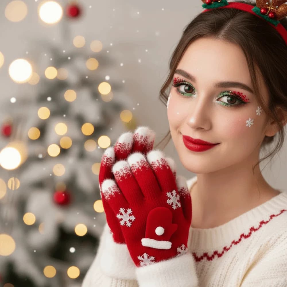 Red Green Christmas Gloves Knitted Woolen Elastic Wrist Winter Knit Mittens Soft Texture Thick Lining Full Finger Gloves Teens