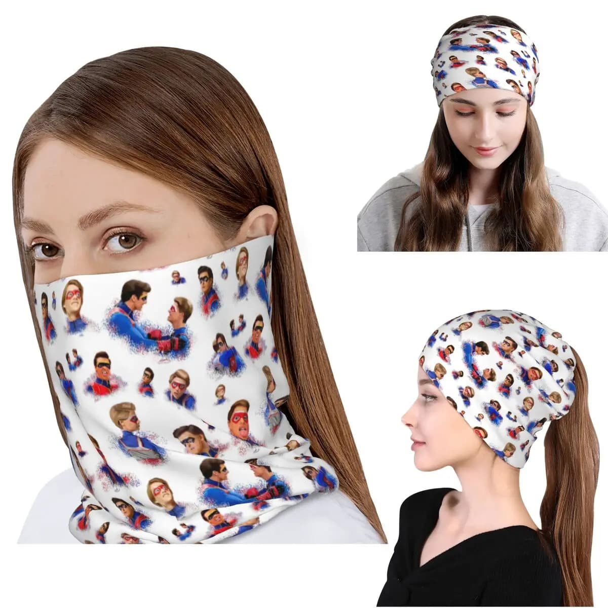 Bandana with design by Captain Man and Kid Henry Danger, wrapping scarf, stroller, cap for man, woman, adult, winter