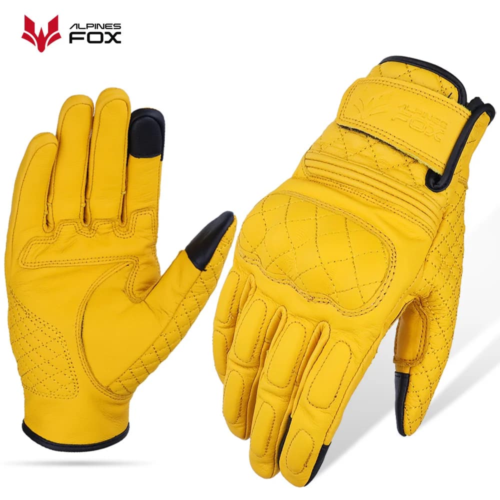 Guanti da moto in pelle vintage Uomo Donna Guanti da moto resistenti all'usura Touchscreen antiscivolo Retro Motobiker Luvas Giallo