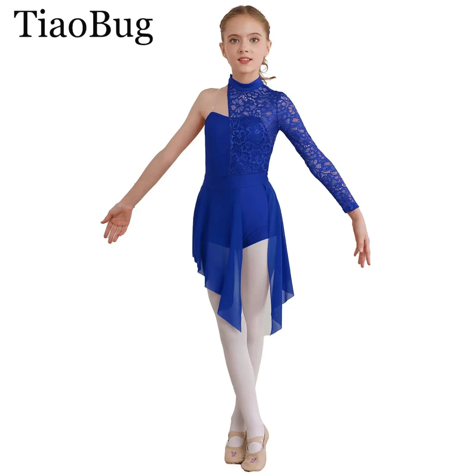 Vestito da ballo lirico monospalla per bambine, body da ginnastica in pizzo floreale, tuta da pattinaggio artistico, vestito da esibizione latino Cha-cha