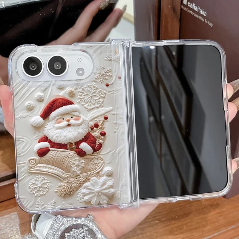 Christmas Snowman Patterned Transparent Phone Case For Apple iPhone Duo Shockproof Hinge Protection Folding Clear Hard PC Cover