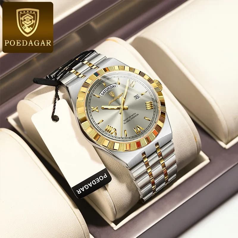 POEDAGAR Orologio da uomo d'affari di lusso Calendario Orologio da uomo al quarzo da uomo alla moda con luce notturna impermeabile in acciaio inossidabile