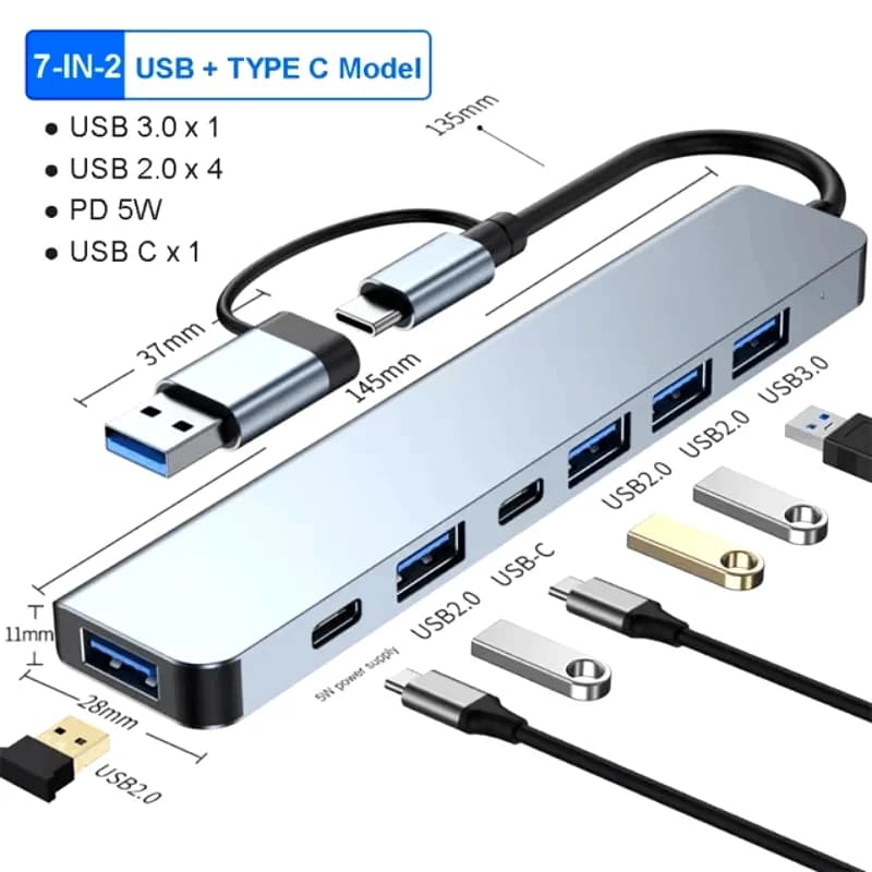 Docking Station USB 3.0 a 7 Porte, Hub Tipo C, Concentratore con Trasmissione ad Alta Velocità 5Gbps, Adattatore OTG, Splitter per Scheda TF per Laptop e PC