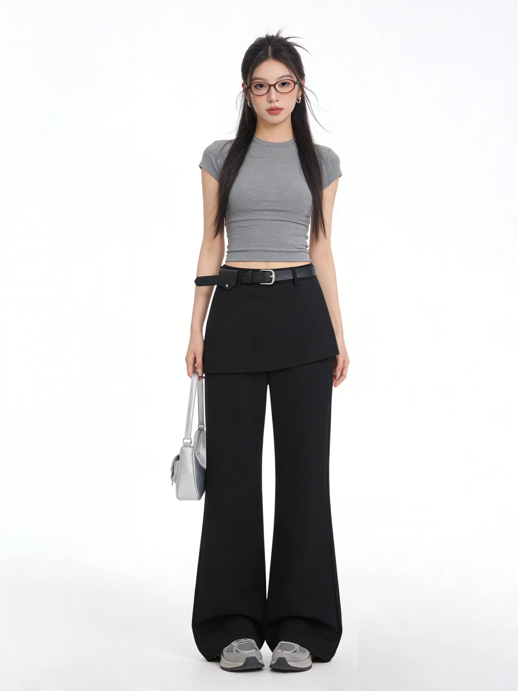 Pantaloni Casual a Vita Alta Neri Svasati Stile Coreano Effetto Snellente Primaverili con Finta Gonna a Due Pezzi Versatili
