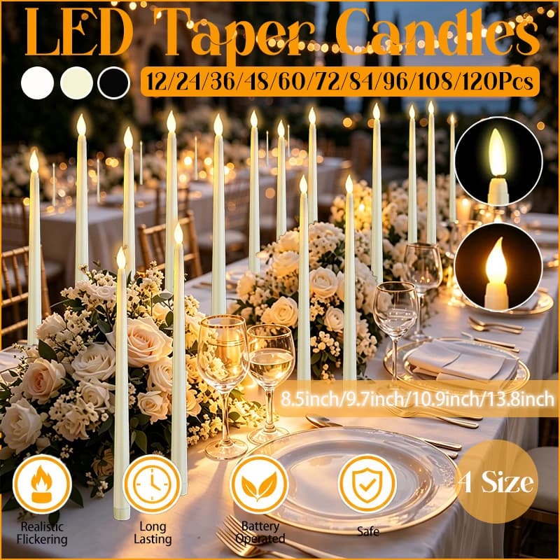 12-120Pcs Flameless LED Taper Candles Bulk Battery Operated Candles Flickering Fake Candles Halloween Christmas Wedding Decor