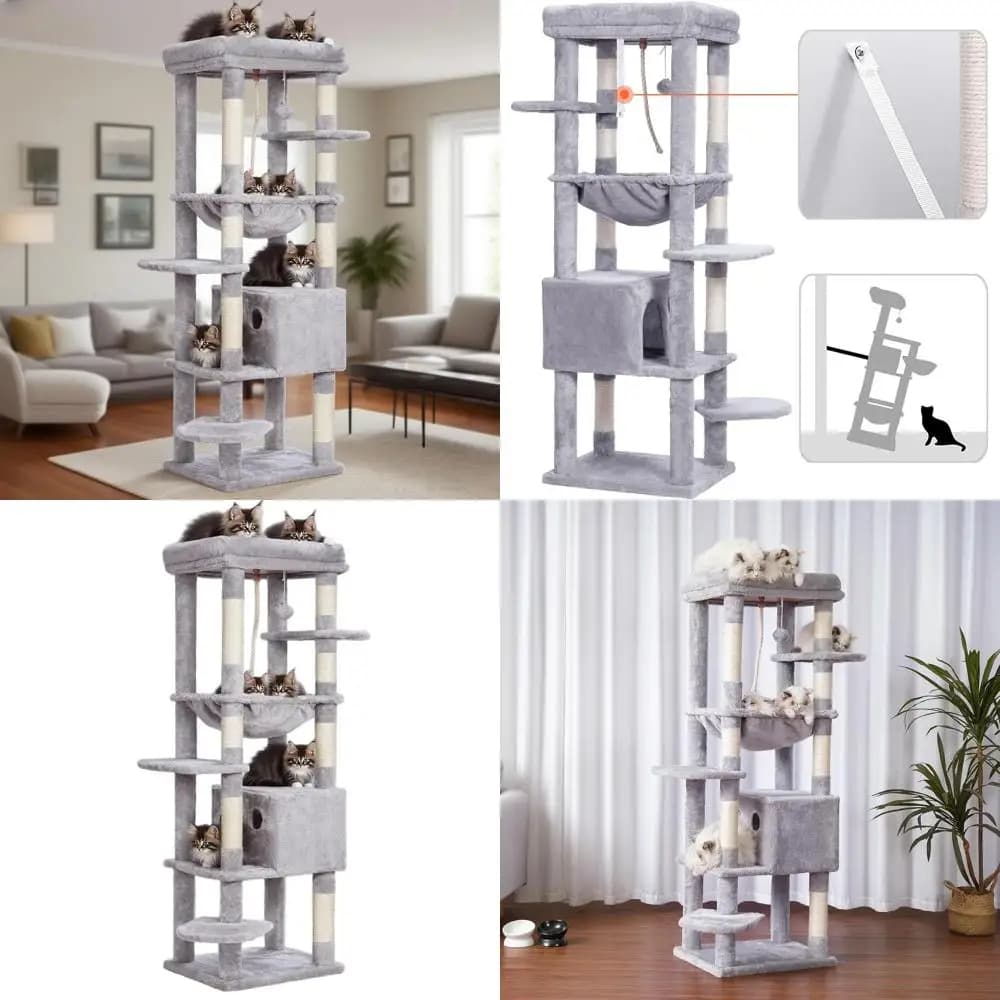 Robusto albero per gatti XXL 60 per gatti di grandi dimensioni, 20 libbre, multilivello con persico e cestino in peluche, grigio chiaro HCT050W