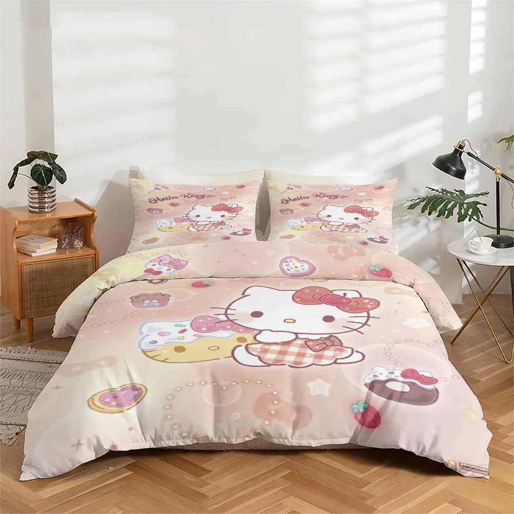 Set of high-definition digital print sheets in 3 pieces with Hello Kitty pattern, set with large floral print, includes 1 sheet with corners + 2 pillowcase, suitable for bedroom, guest room, home decoration, linen with polyester fiber corners + pillowcase, ultra soft bed linen, thick fabric, comfortable for all seasons, washing machine