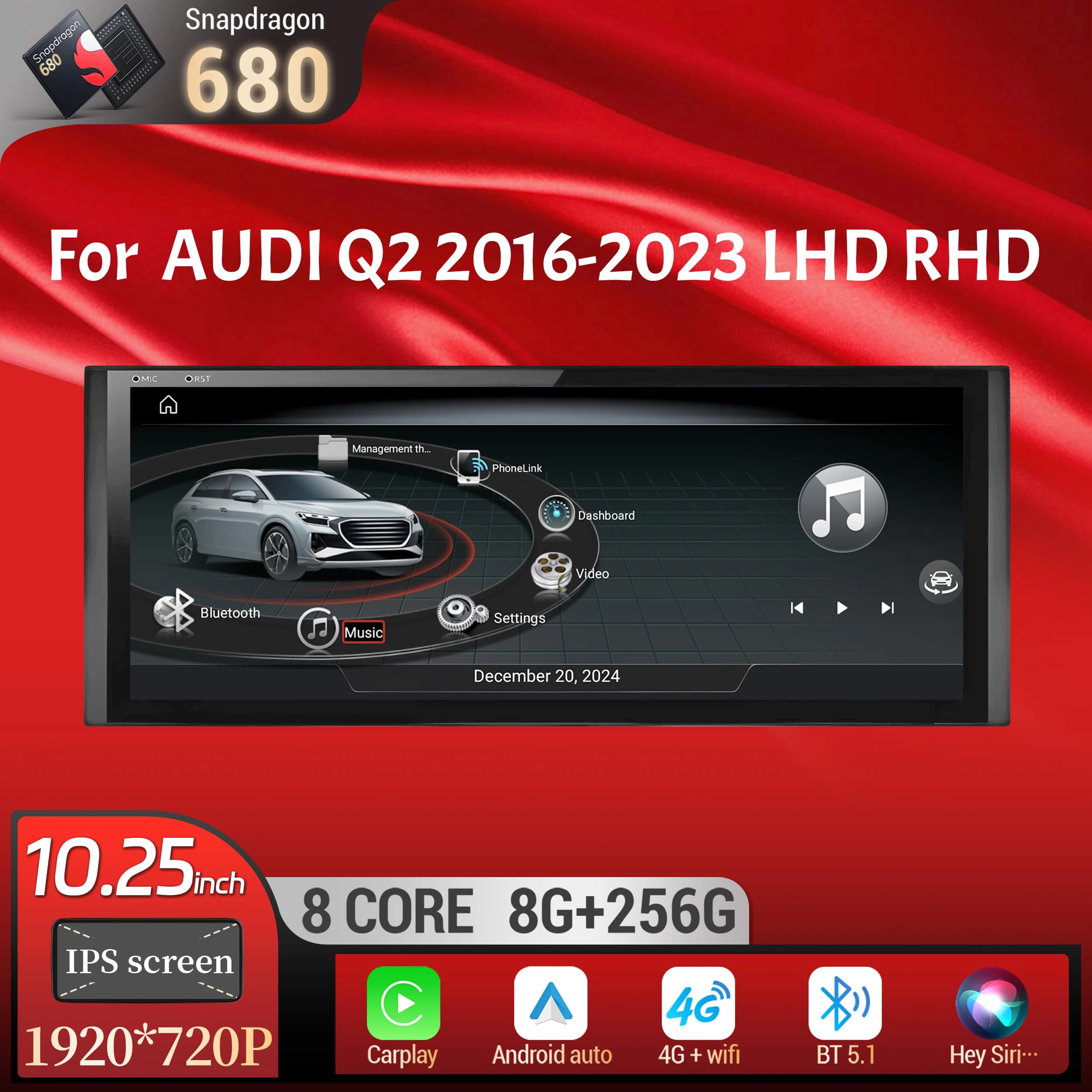 10.25 inch Android 14 For Audi Q2 2016-2023 Car Radio Wireless Bluetooth Carplay Qualcomm Snapdragon 680 Head Unit Touch Screen