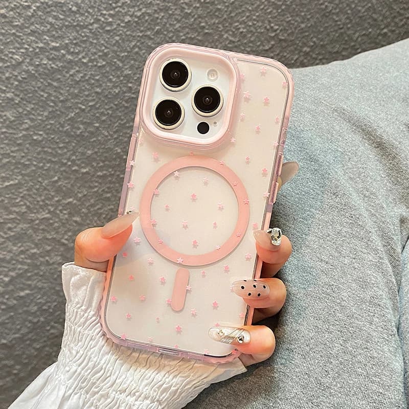 Pink Stars Magnetic Wireless Charge Clear Soft TPU Back Cover For iPhone 13 14 15 16 17 Pro Max Compatible With Magsafe Case