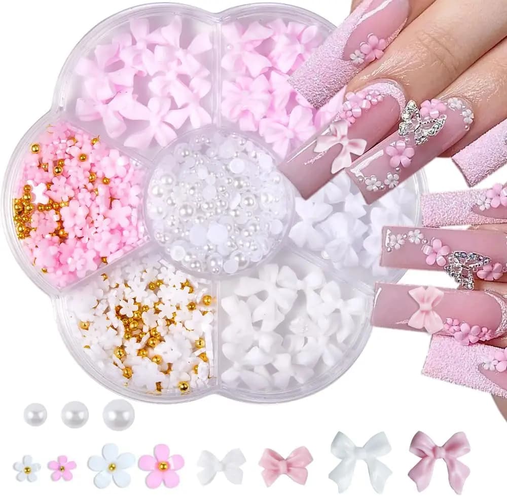 1 scatola 3D Bowknot Fiore Decorazioni per unghie artistiche con perline in acciaio e perle finte Nastro Pendenti per unghie Y2K Arco Accessori per manicure *
