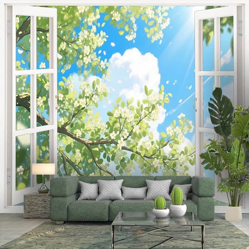 1PC Digital Print Tapestry Wall Hanging, Fake Window Tulip Garden Spring View Art, Nature Scenery 3D Window Wall Art Decor