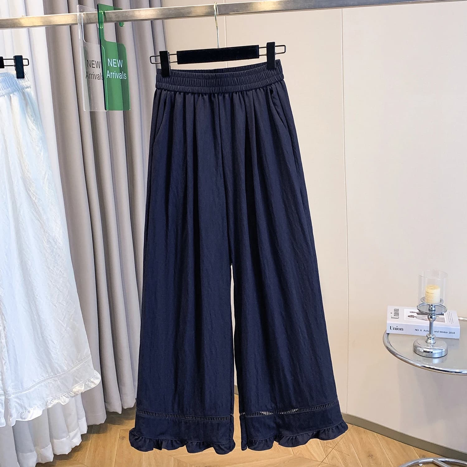 Summer New Style Thin Hollow Wood Ear Lace Women's Casual Straight Leg Nine Points Wide Leg Jeans Silk Cotton Blend High Waist