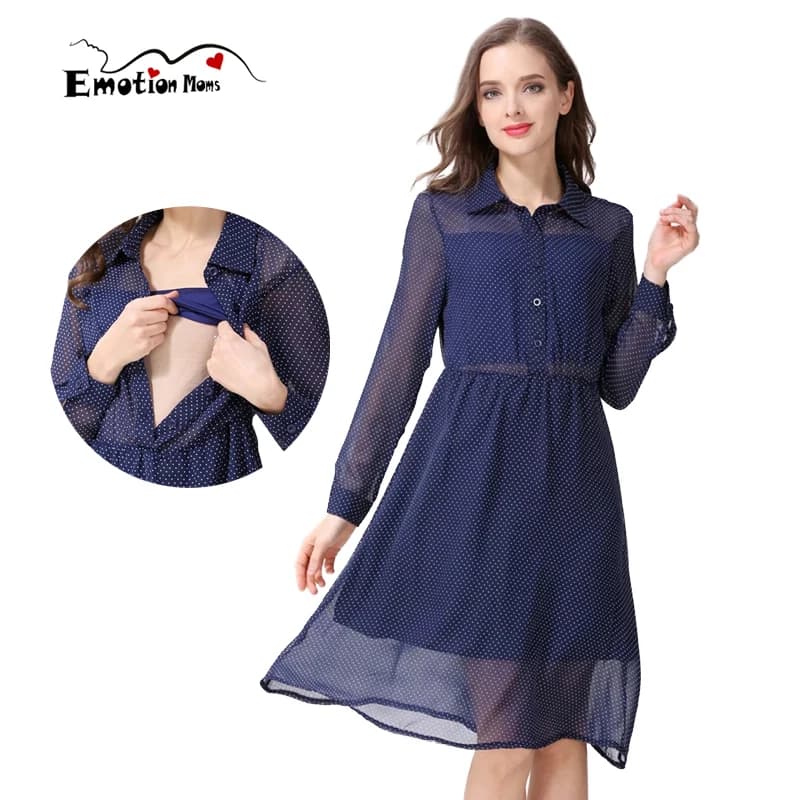 Long Sleeve Maternity Dress Nursing Dress for Breastfeeding Postpartum Women Chiffon Summer Spring Pregnancy Clothing