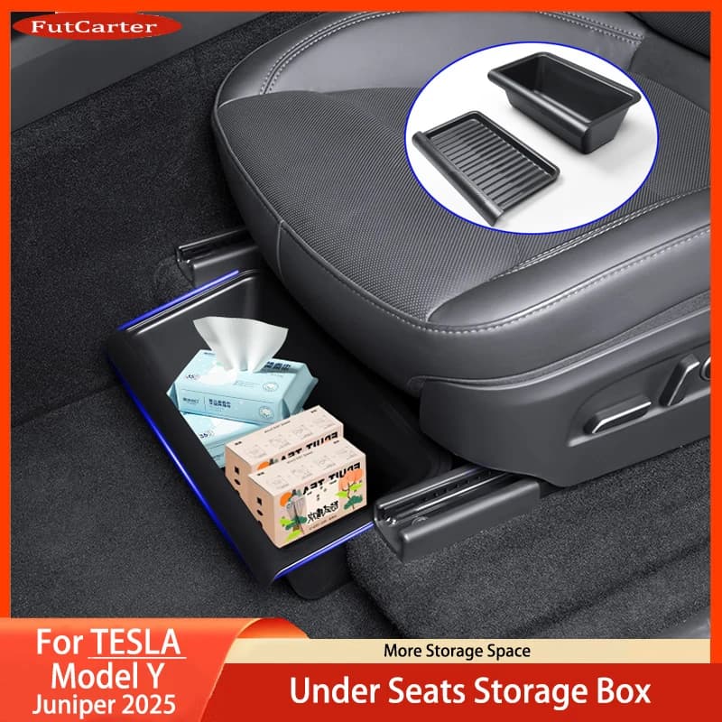 Per Tesla Model Y Juniper 2025 + Scatola portaoggetti sotto il sedile Supporto per cassetto TPE Vassoio portaoggetti nascosto Push Pull Accessori per organizer per auto