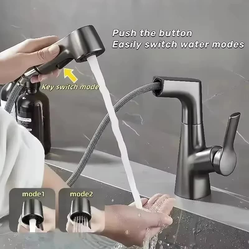 Rubinetto da Cucina Estraibile Girevole a 360° ° Rubinetto Girevole per Lavabo Bagno in Acciaio Inox, Rubinetto da Cucina con Doccetta Estraibile