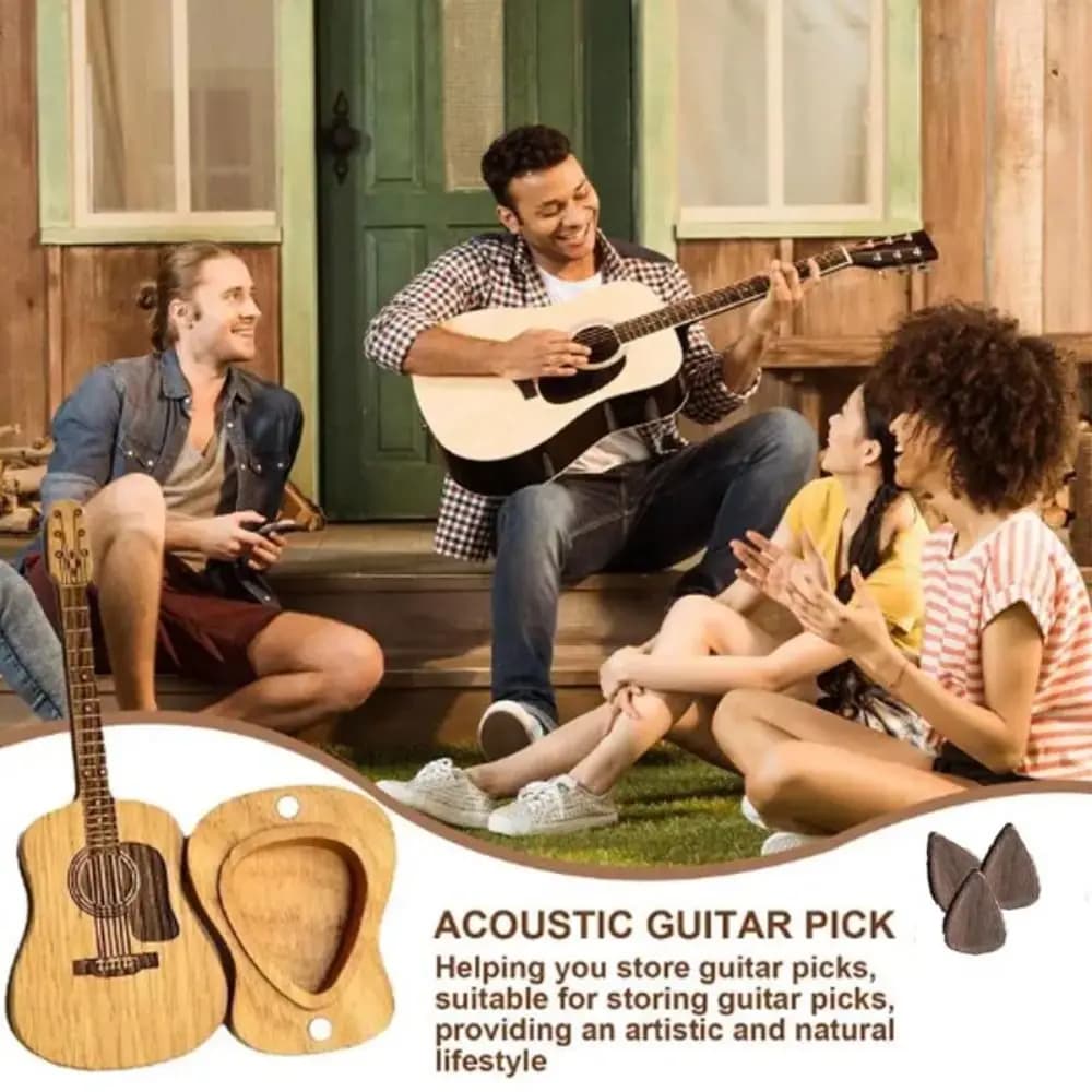 Scatola in Legno per Plettri da Chitarra Acustica con Supporto, Confezione Regalo a Forma di Chitarra, Contenitore per Plettri