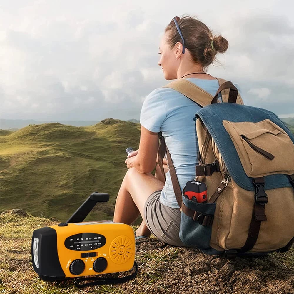 Generatore Portatile a Manovella con Power Bank, Radio Meteo Solare, Interfaccia USB per Ricarica, Ideale per Uso Esterno