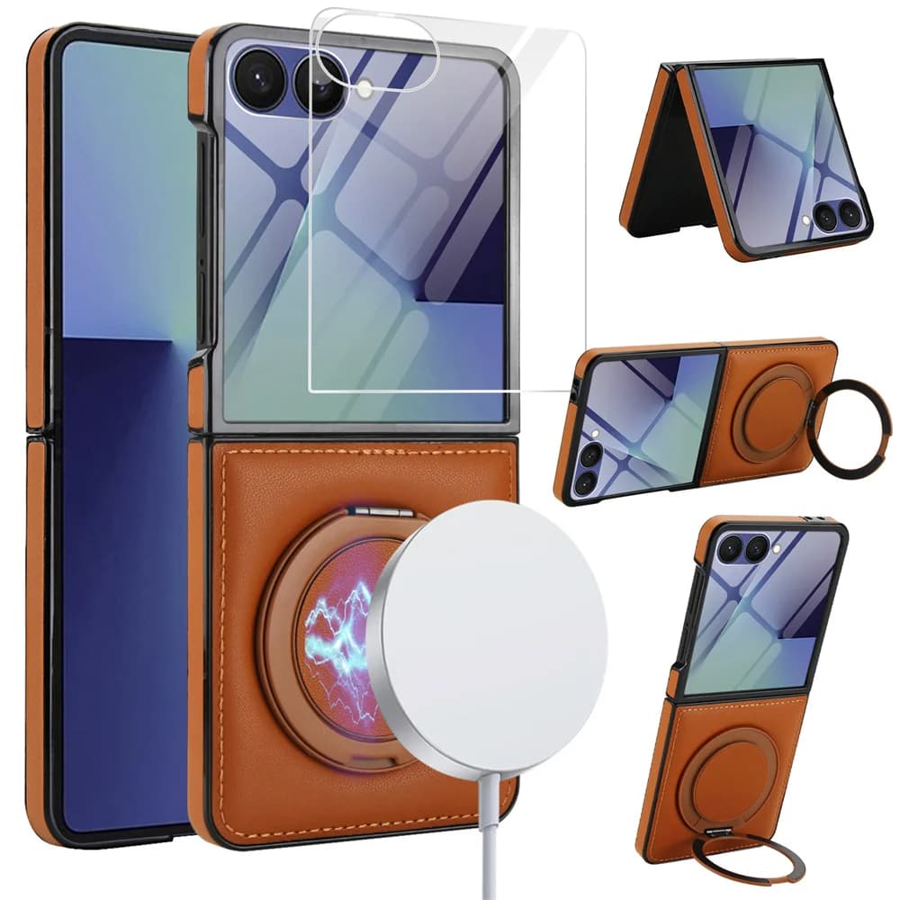 Custodia in pelle con staffa ad anello rotante a 360 gradi per Samsung Z Flip 7 6 5 4 Zflip6 ZFlip5 ZFlip4 Zflip7 Custodia antiurto per telefono Magsafe