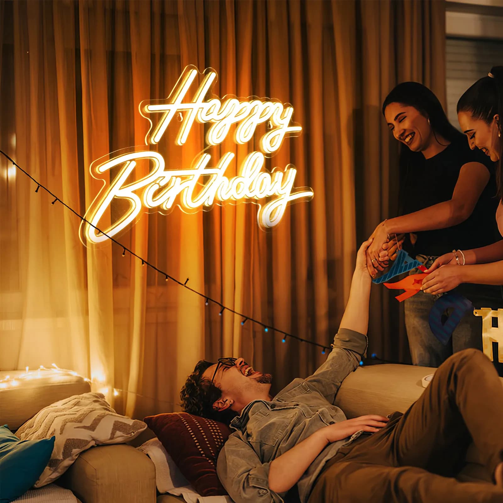 Insegna al Neon Portatile 'Buon Compleanno' Alimentata USB, Decorazione da Parete a LED Morbido per Feste di Compleanno, Camera da Letto, Soggiorno