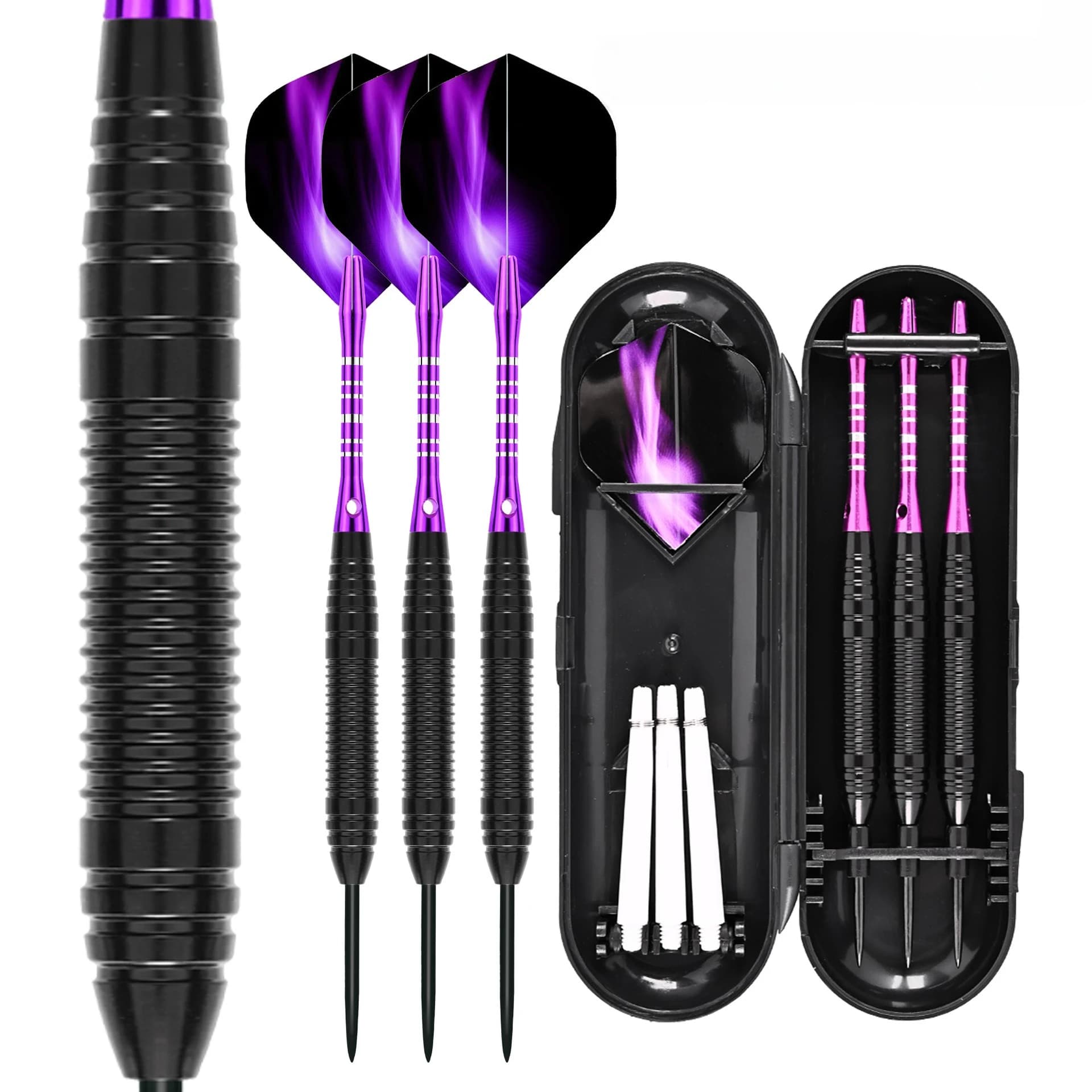 Set di 3 Freccette Professionali con Scatola Portatile Gratuita, 22g, 16,2cm di Lunghezza, Punta in Acciaio Nera, Blu e Viola con Asta in Alluminio