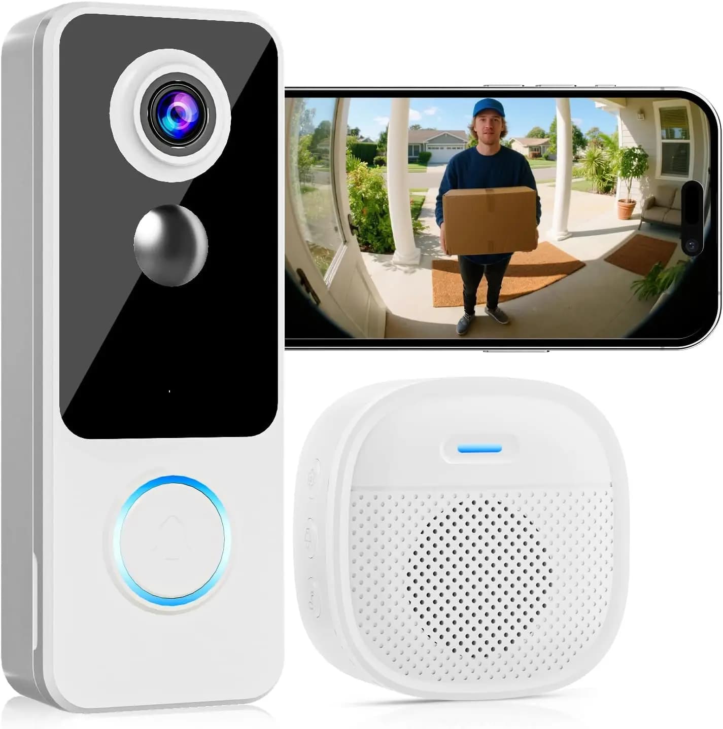Telecamera per campanello wireless, video HD 2K, conversazione bidirezionale, rilevamento del movimento, funziona con Alexa e Google