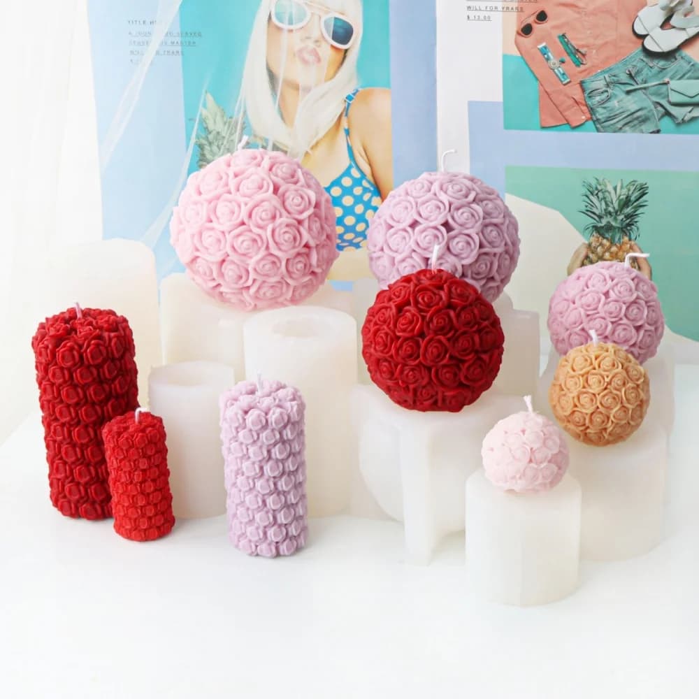 3D Rose Pillar Silicone Candle Mold Flower Ball Plaster Soap Resin Mold for DIY Romantic Weeding Home Decor Valentine Gift Tool