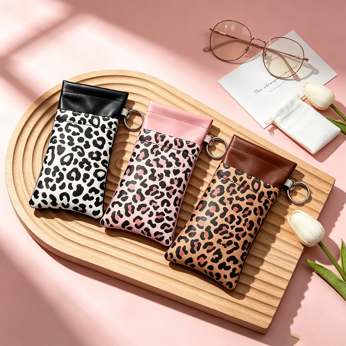 1pc Leopard Print Squeeze Auto Close Eyeglasses Pouch PU Leather Portable Sunglasses Case with Keychain Ring for Unisex Daily