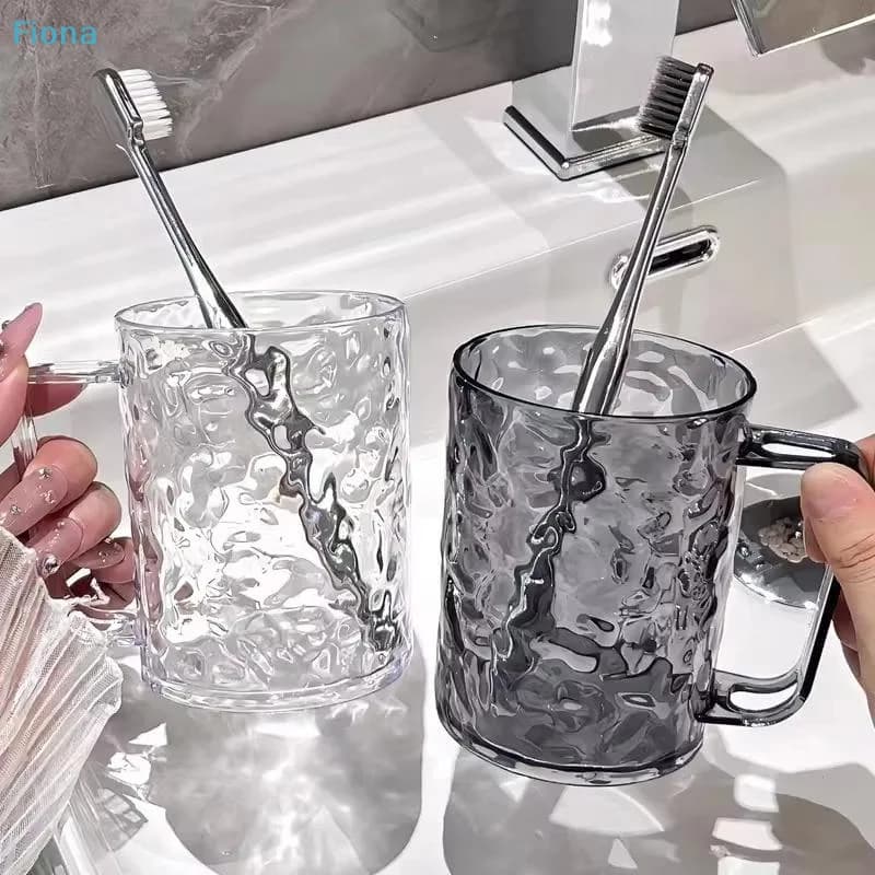 ✔ Bicchiere in Vetro Martellato con Manico, Trasparente e Grigio, Porta Spazzolino da Denti per Bagno, Casa, Ufficio