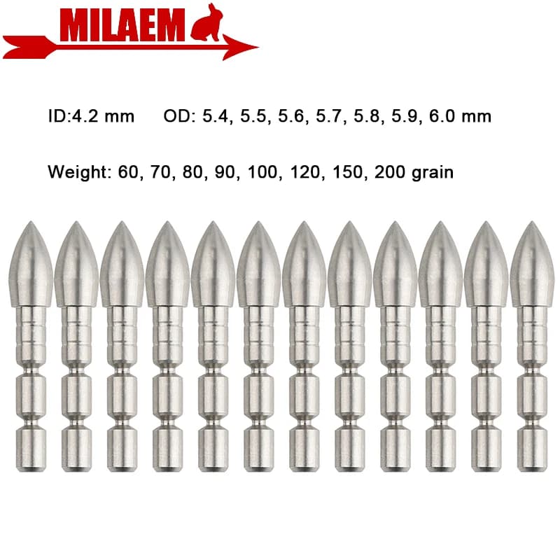 12 pezzi punta di freccia in acciaio inossidabile testa di bersaglio 60-200 grani ID 4.2mm punte di freccia per tiro con l'arco arco freccia tiro allenamento caccia