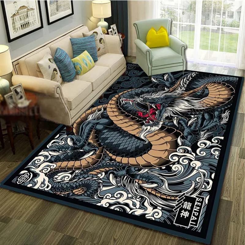 VIKAMA Japanese Dragon Wave Carpet Great Wave Kanagawa Rug for Living Room Bedroom Asian Decor