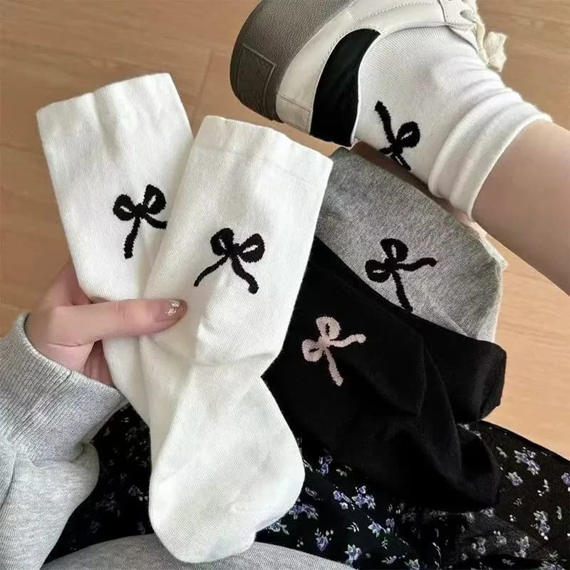 1 Paio di Calze Lunghe da Donna Bianche con Fiocco, Calze a Tubo Medio Stile Giapponese e Coreano per Studentesse, Set di Calze Slouch per Signore
