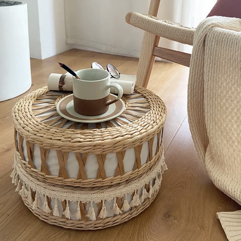 Handwoven Straw Meditation Cushion, Round Natural Fiber Zafu Pillow for Yoga & Zen, Tatami Floor Seat, Boho Style Pouf Ottoman