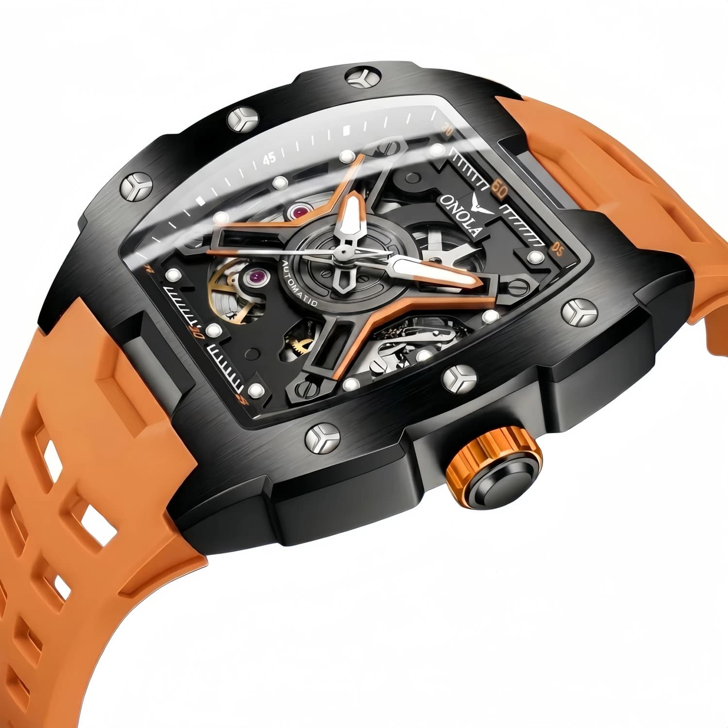 Fashion hollowed out wine barrel popular ONOLA fully automatic mechanical men's silicone tape waterproof watch for men
