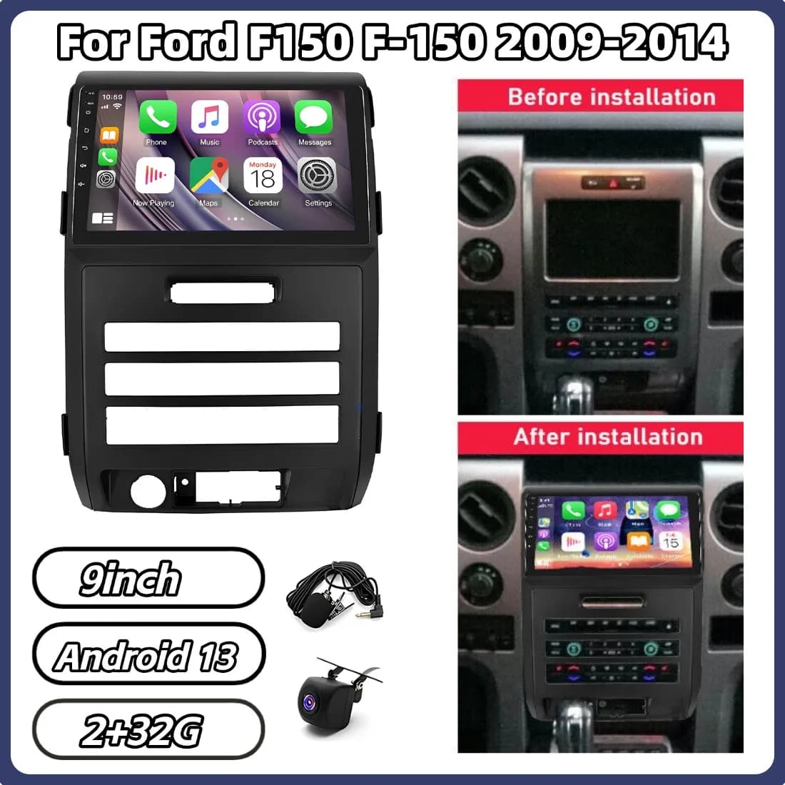 Autoradio Android 13 da 9 pollici 2+32G con GPS e Navigazione per Ford F150 F-150 2009-2014, compatibile con Carplay e Android Auto, Bluetooth.