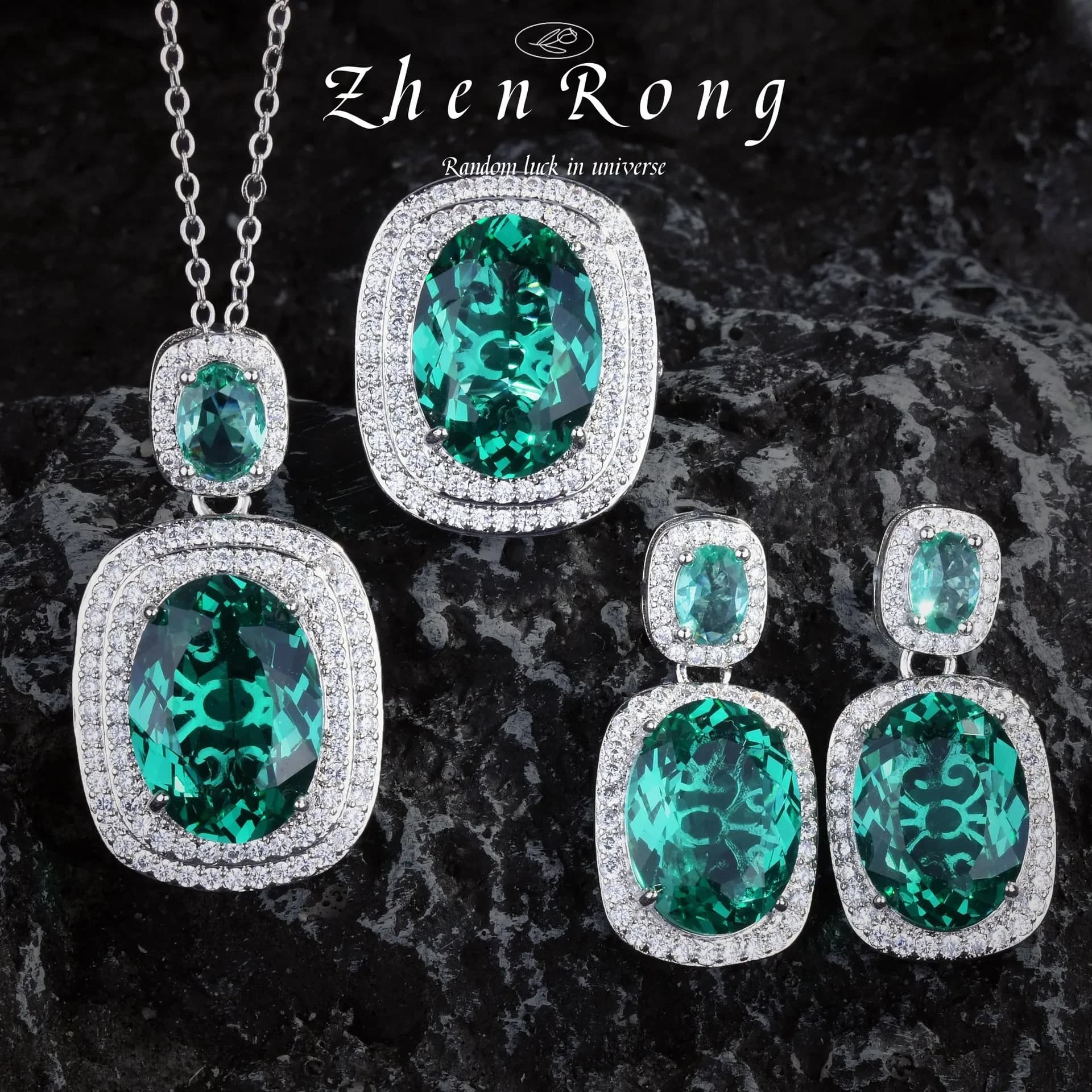 Moda donna 925 gioielli in argento AAA CZ collana con ciondolo smeraldo anello orecchino femminile Vintage elegante Set di gioielli per feste di matrimonio