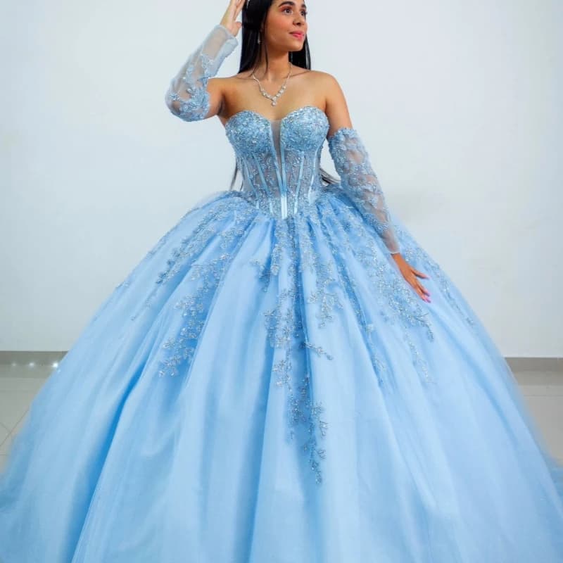 Abiti Quinceanera lucidi blu cielo Abito da ballo con spalle scoperte Applique in pizzo con perline Corsetto in tulle di cristallo Festa di compleanno Dolce 16