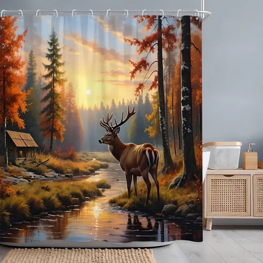 Tenda da doccia con cervo foresta autunnale, fiume, tramonto, fienile rustico, tende da bagno in tessuto poliestere per il Ringraziamento, arredamento per il bagno con ganci