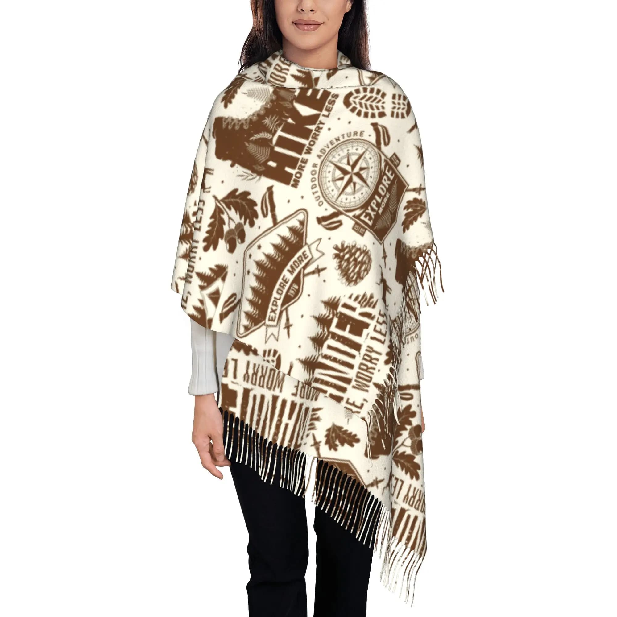 Custom Vintage Brown Hike Boot Seamless Print Scarf Wrap for Women Long Winter Fall Warm Tassel Shawl Unisex Scarves