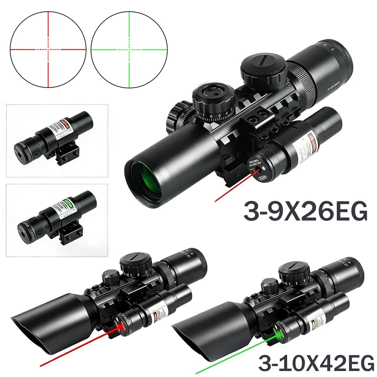 Cannocchiale Tattico 3-9X26EG 3-10X42E con Reticolo Laser Rosso/Verde per Balestra, Ottica di Mira per Airsoft e Caccia, Compatibile con Guide da 11/20mm