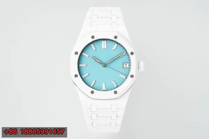 Orologio meccanico automatico da uomo con cassa e bracciale in ceramica bianca, stile lusso, quadrante blu, datario, indici senza numeri, 10,5 mm
