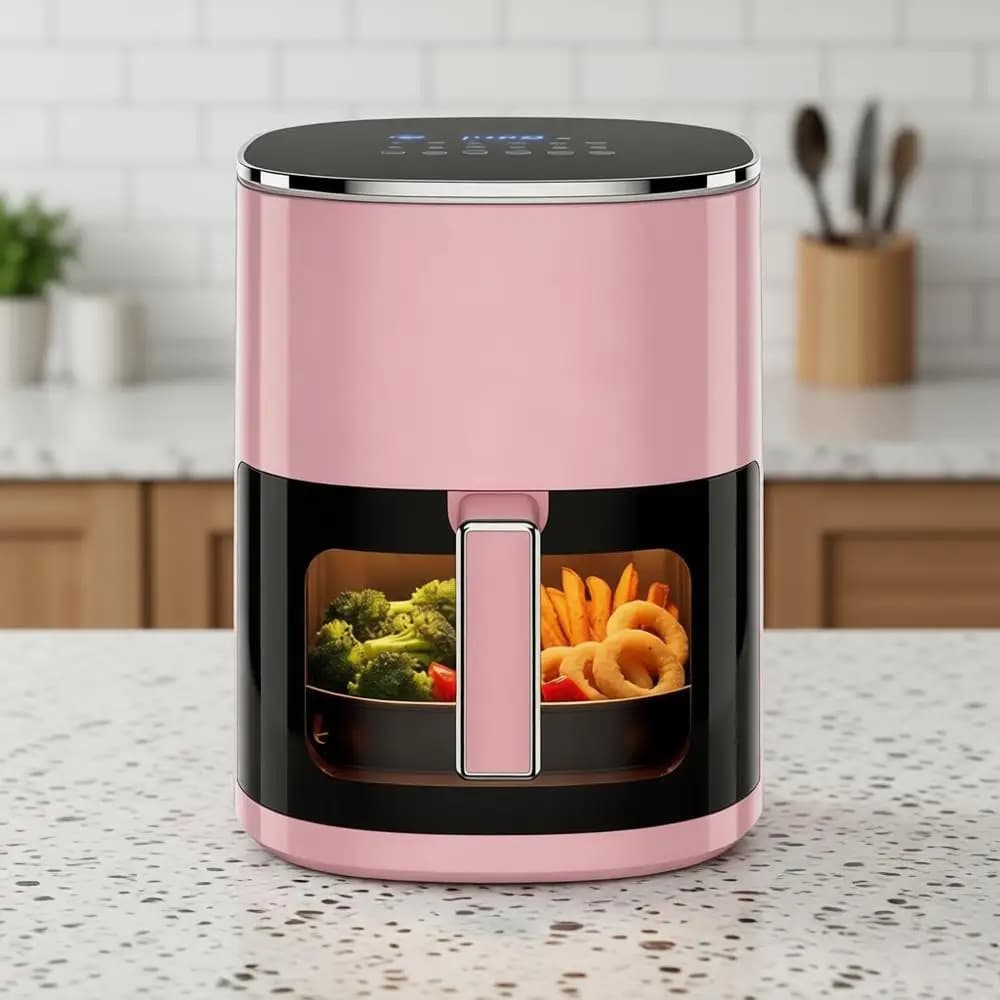 Forno Friggitrice ad Aria 12-in-1, Forno a Convezione Digitale da 6,34 Qt con Finestra Visibile e 1700W, Friggitrice ad Aria, Arrosto, Cottura al Forno, Cestello Antiaderente, Rosa